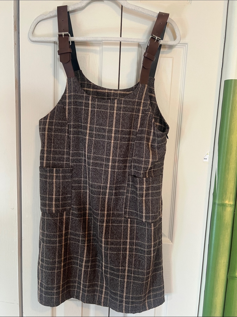 Plaid Brown Sleeveless Pinafore Dress with Adjustable Straps